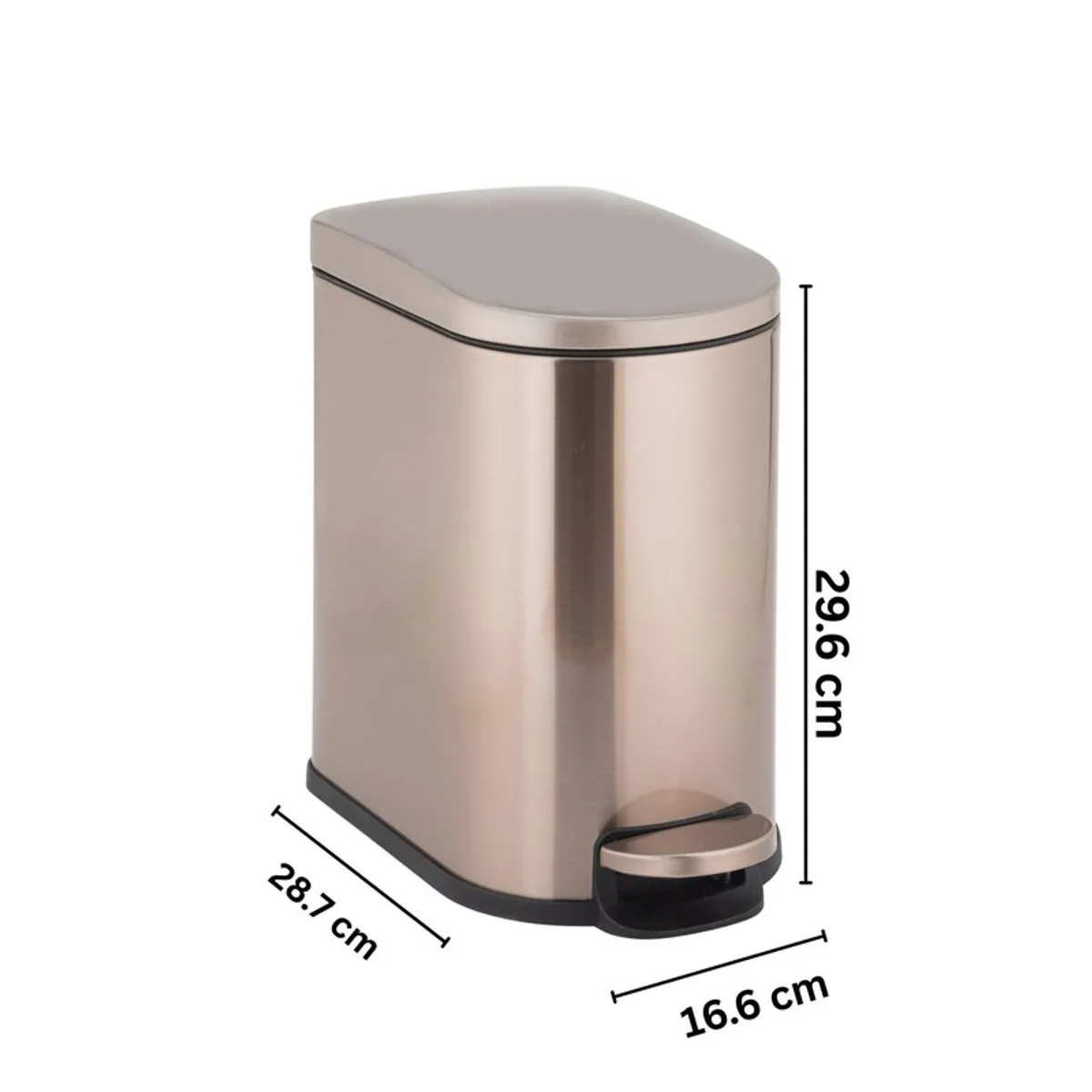Gold metal pedal dustbin with dimensions shown