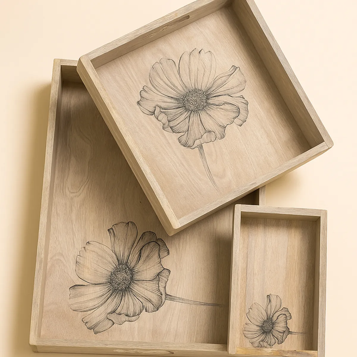 Three wooden serving trays layered together, each featuring a floral design