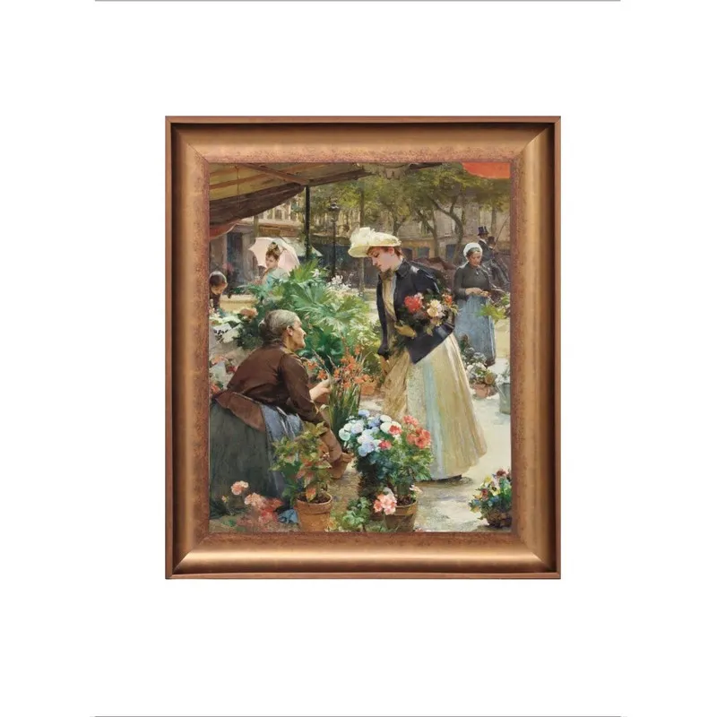 Straight front view of the framed flower market painting
