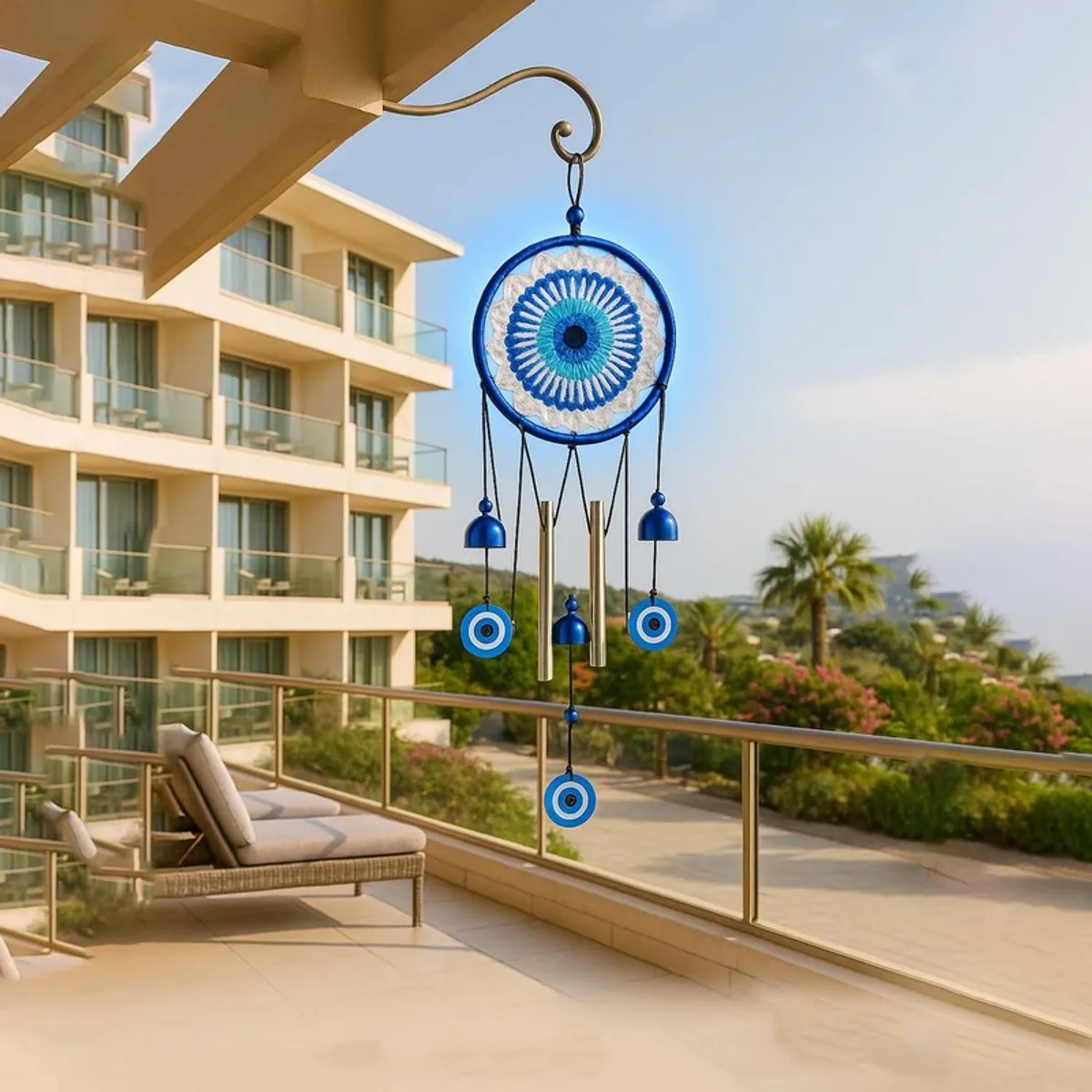 Blue evil-eye wind chime hanging on a balcony with a coastal view