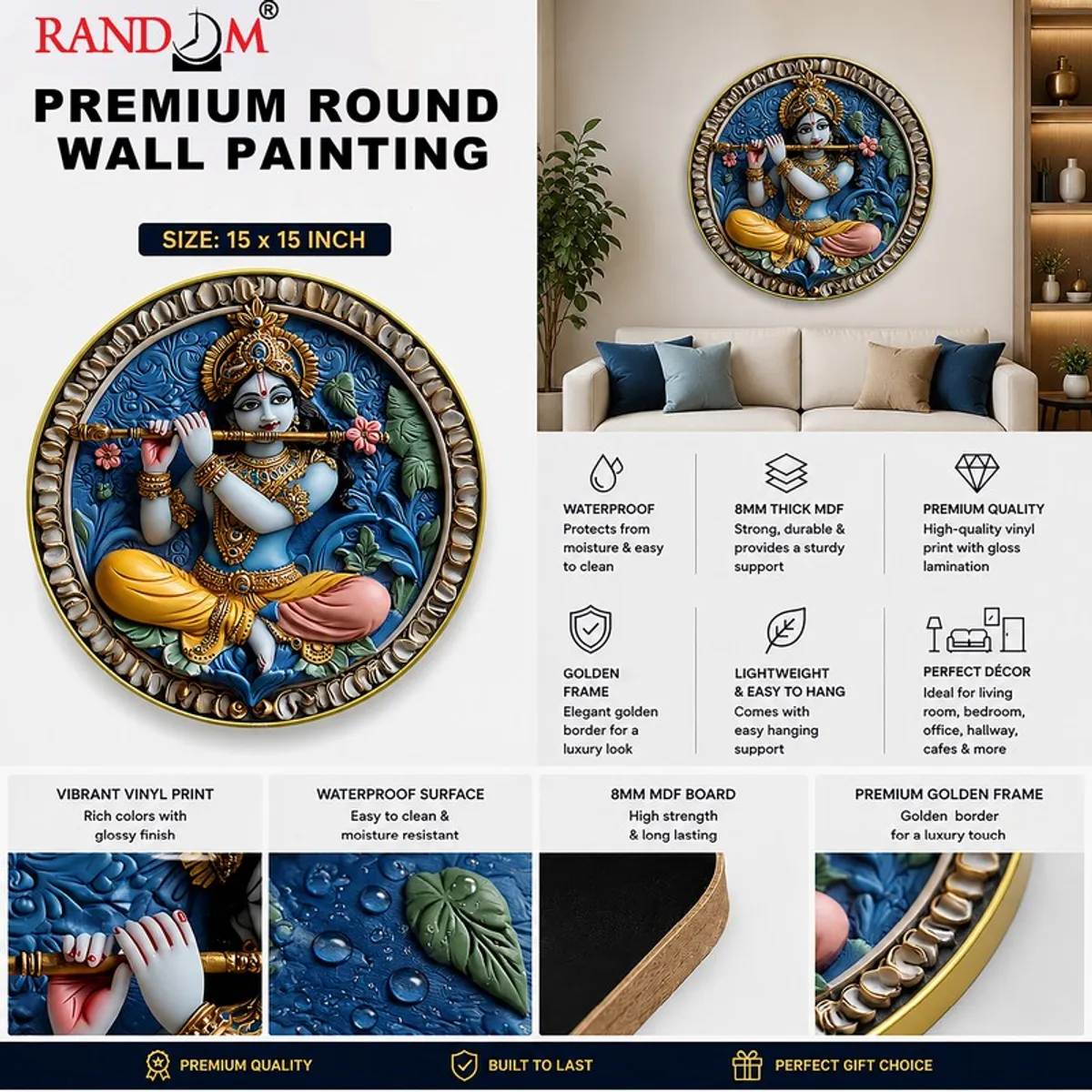 Promotional collage showing round Krishna wall painting and feature icons