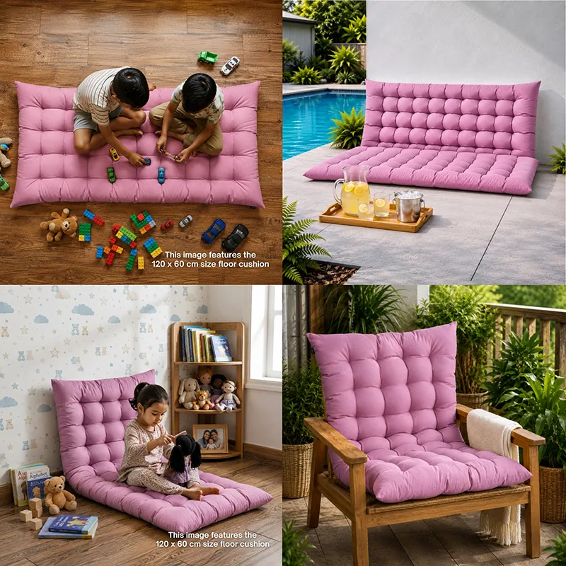 Collage showing the lilac purple floor cushion used on floor and chair
