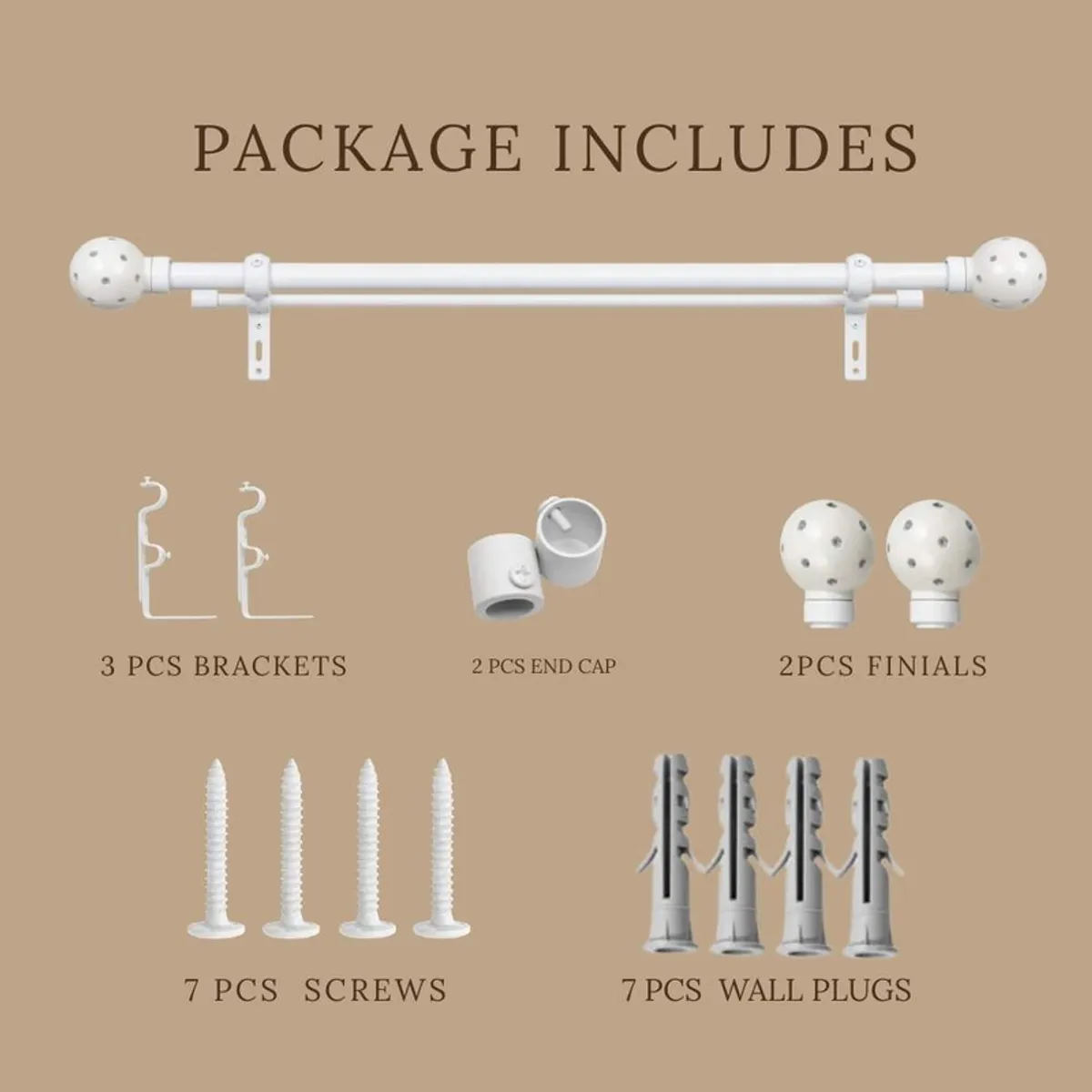 White double curtain rod set with brackets and round polka-dot finials