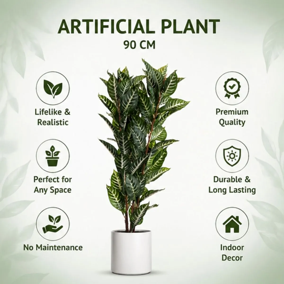 Artificial green foliage plant shown with 90 cm height graphic