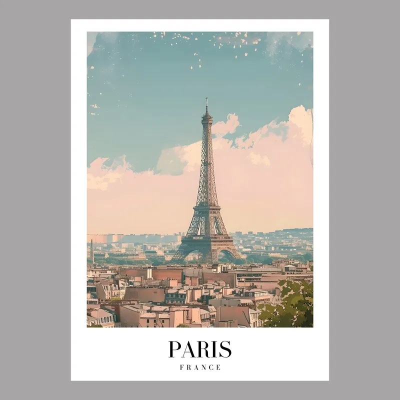 Paris poster-style canvas art with Eiffel Tower and pastel sky on a plain background