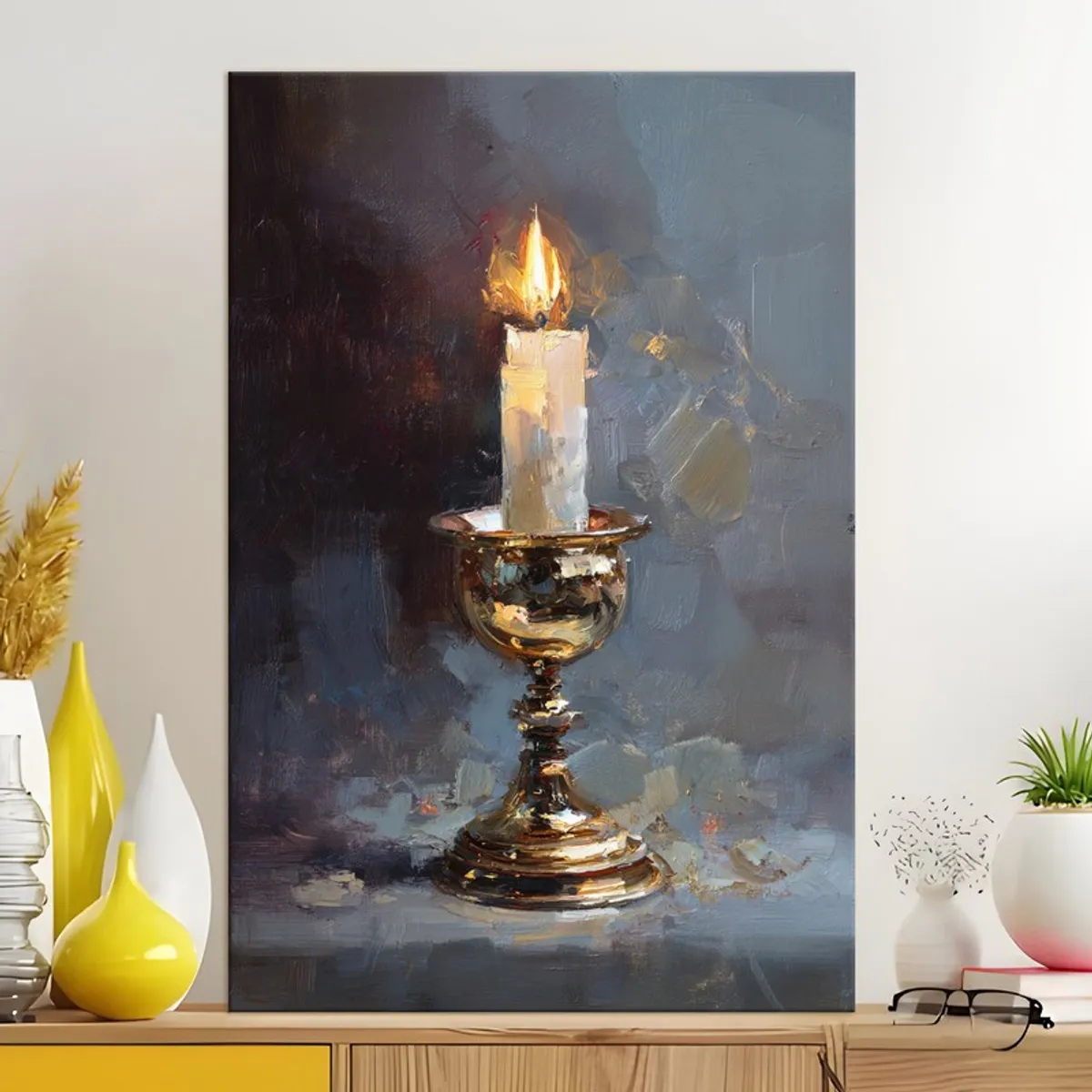 Large candle and brass candlestick canvas painting displayed above a console