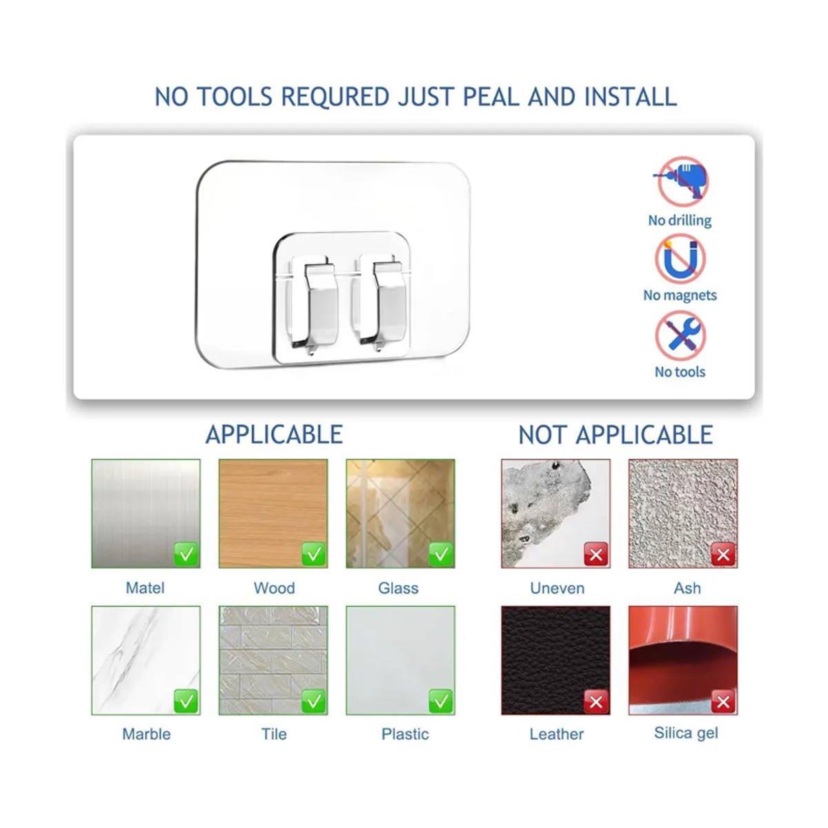 Single transparent adhesive hook shown against a white background