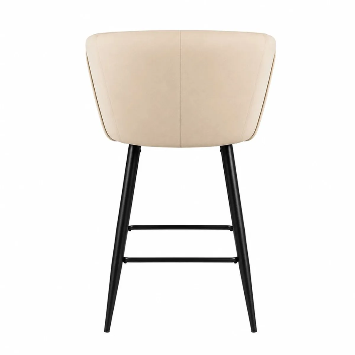 Back view of off white velvet bar chair with black metal legs