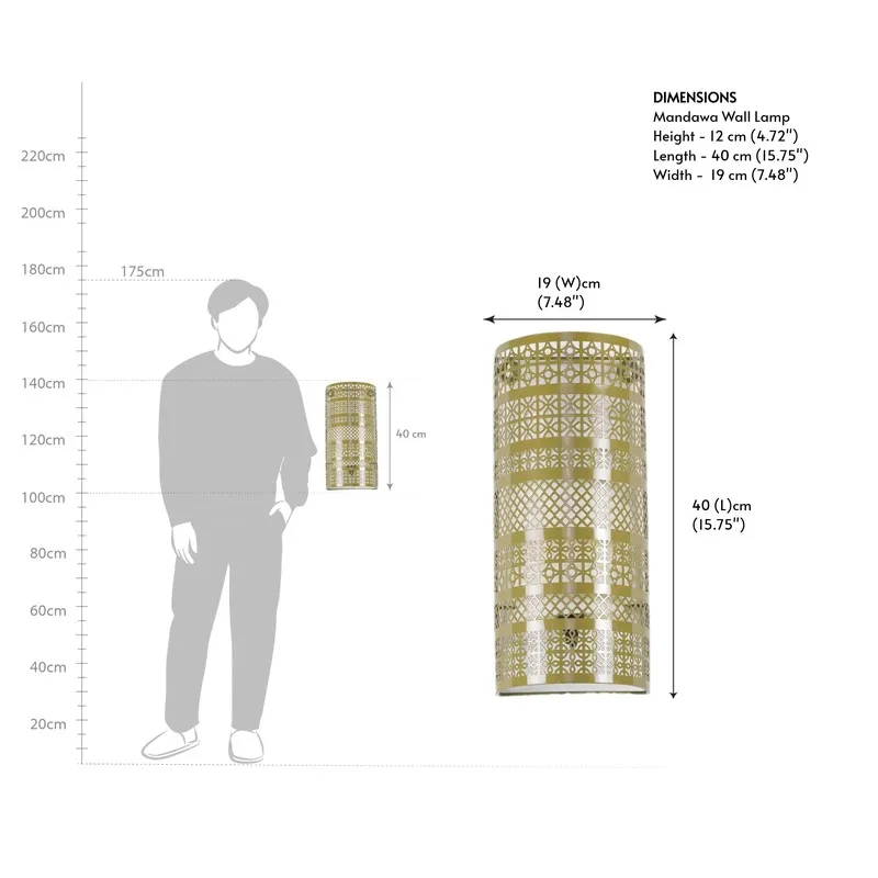 Dimension view of the gold cylindrical wall lamp beside a human scale figure