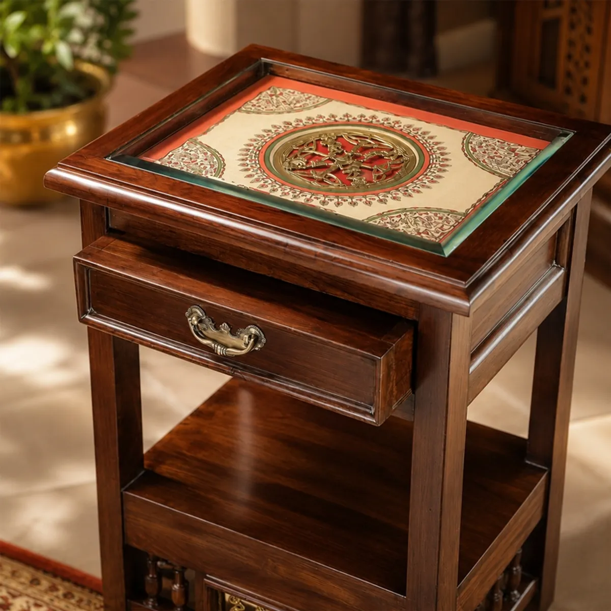 Close view of brown side table with glossy finish, drawer and decorative square top