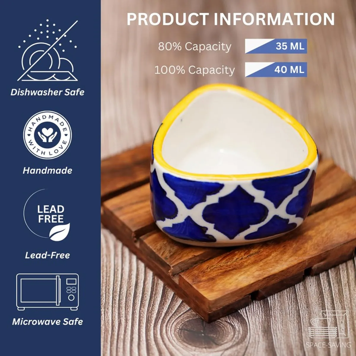 Single blue and white patterned dip bowl on a wooden stand