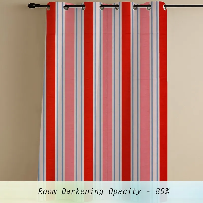 Red and Pink stripes 100% Cotton Room Darkening Curtains with Eyelet hanging, alternate view