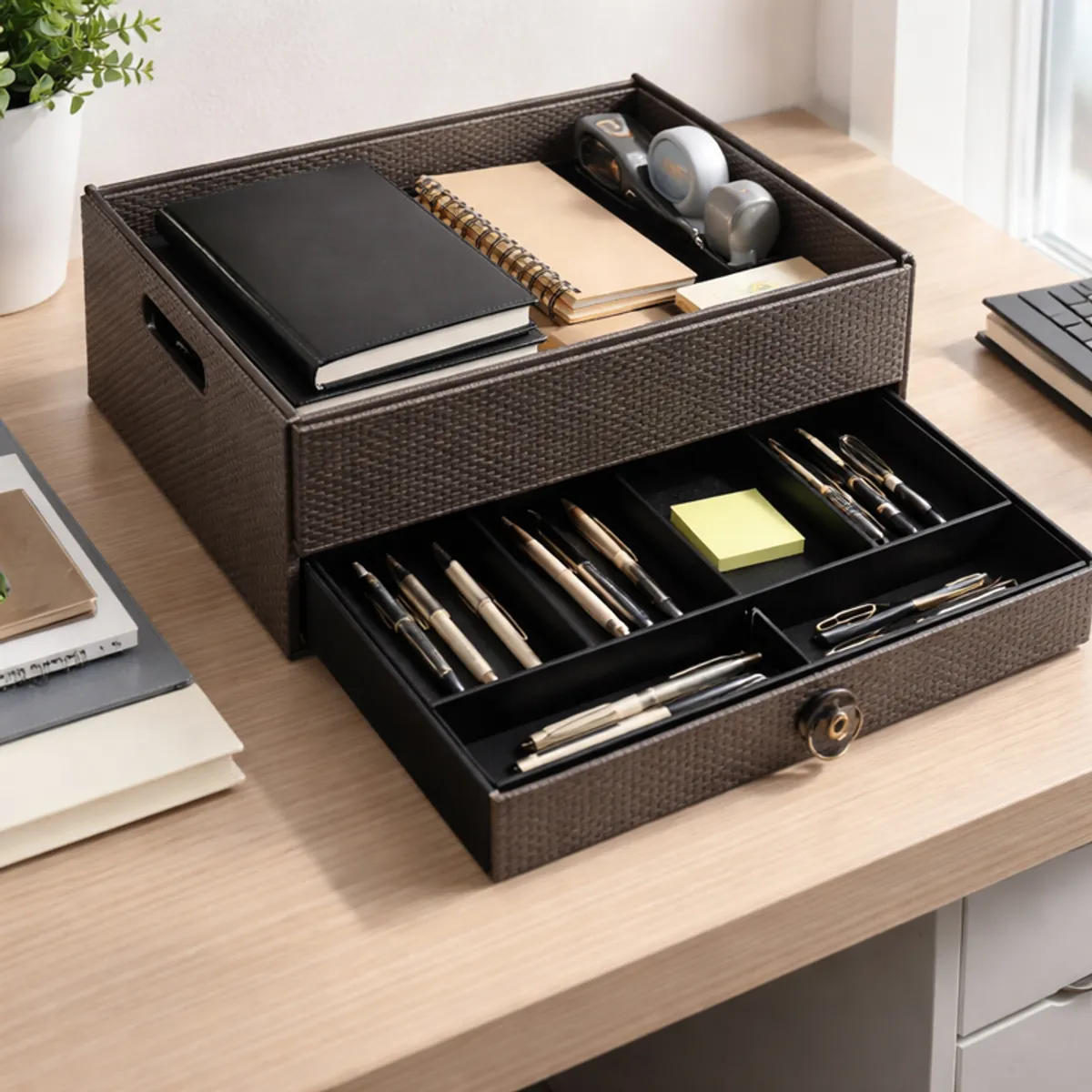 Brown-black organiser with notebooks, stationery and headphones on a desk