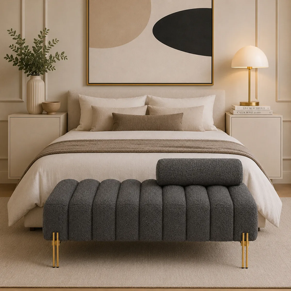 Grey upholstered bench styled at the foot of a bed with gold metal legs
