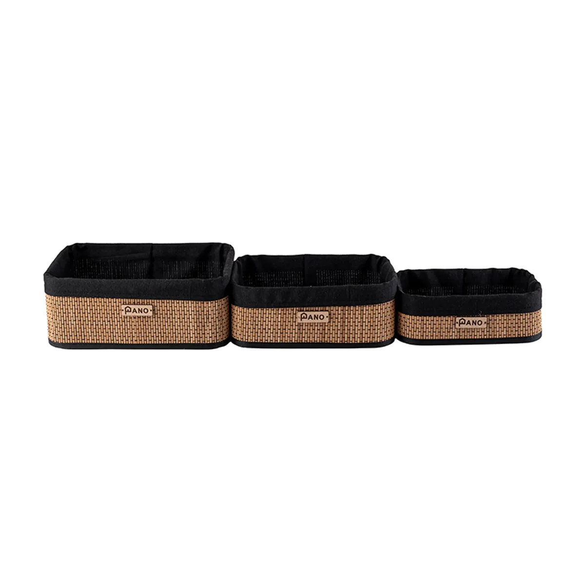 Three rectangular black and natural woven storage baskets in different sizes