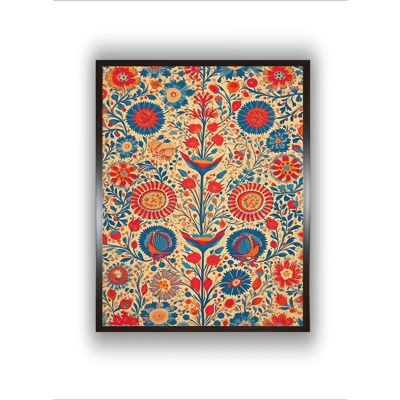 Straight-on view of colourful framed folk floral tree wall painting