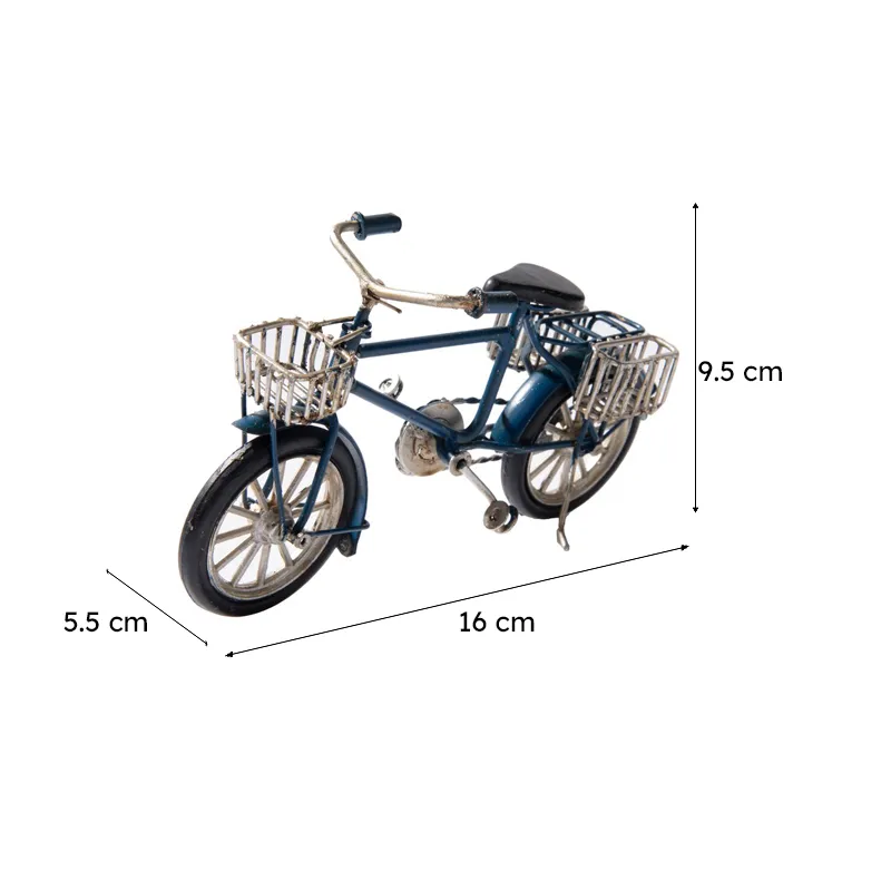 Dark blue bicycle showpiece shown with printed dimensions on white background