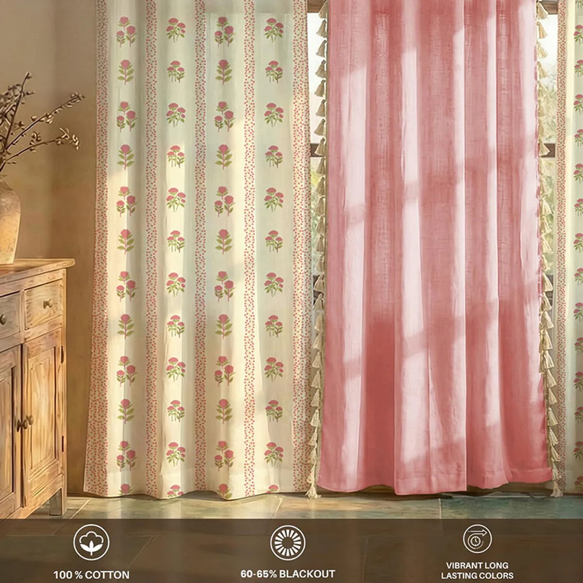 Close view of pink and white floral curtains with tasselled side detailing.