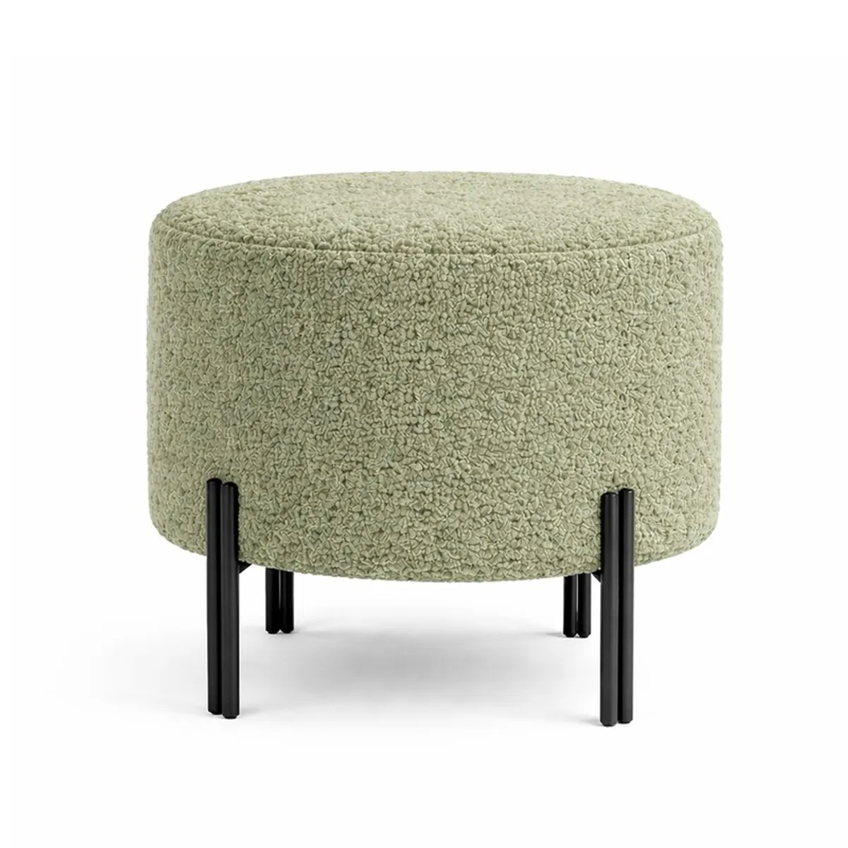 Front view of round sage green bouclé ottoman with black legs