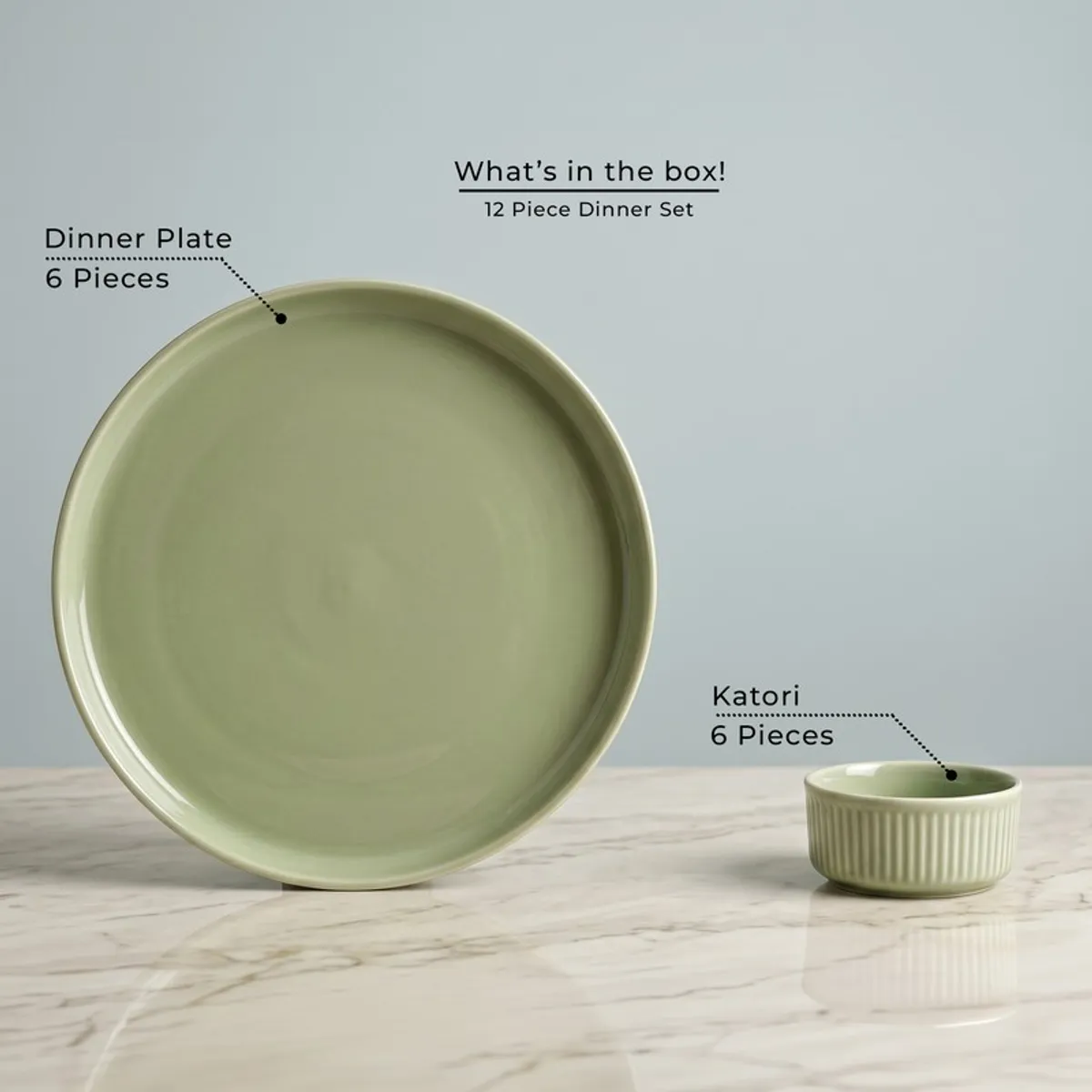 Single sage green plate and ribbed bowl from the dinner set