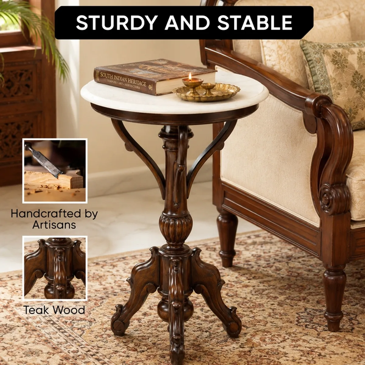 Ornate teak wood side table with round top beside a sofa