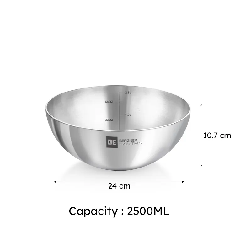 Silver mixing bowl shown with 24 cm width and 10.7 cm height