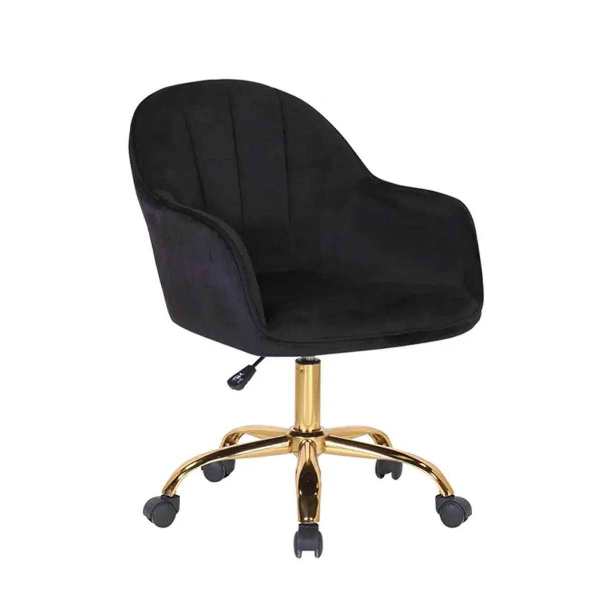 Front three-quarter view of a black velvet office chair on a gold caster base