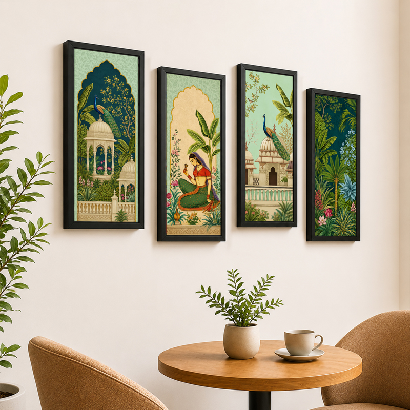 Royal Indian Garden Paper Wall Painting With Frame - Set of Four