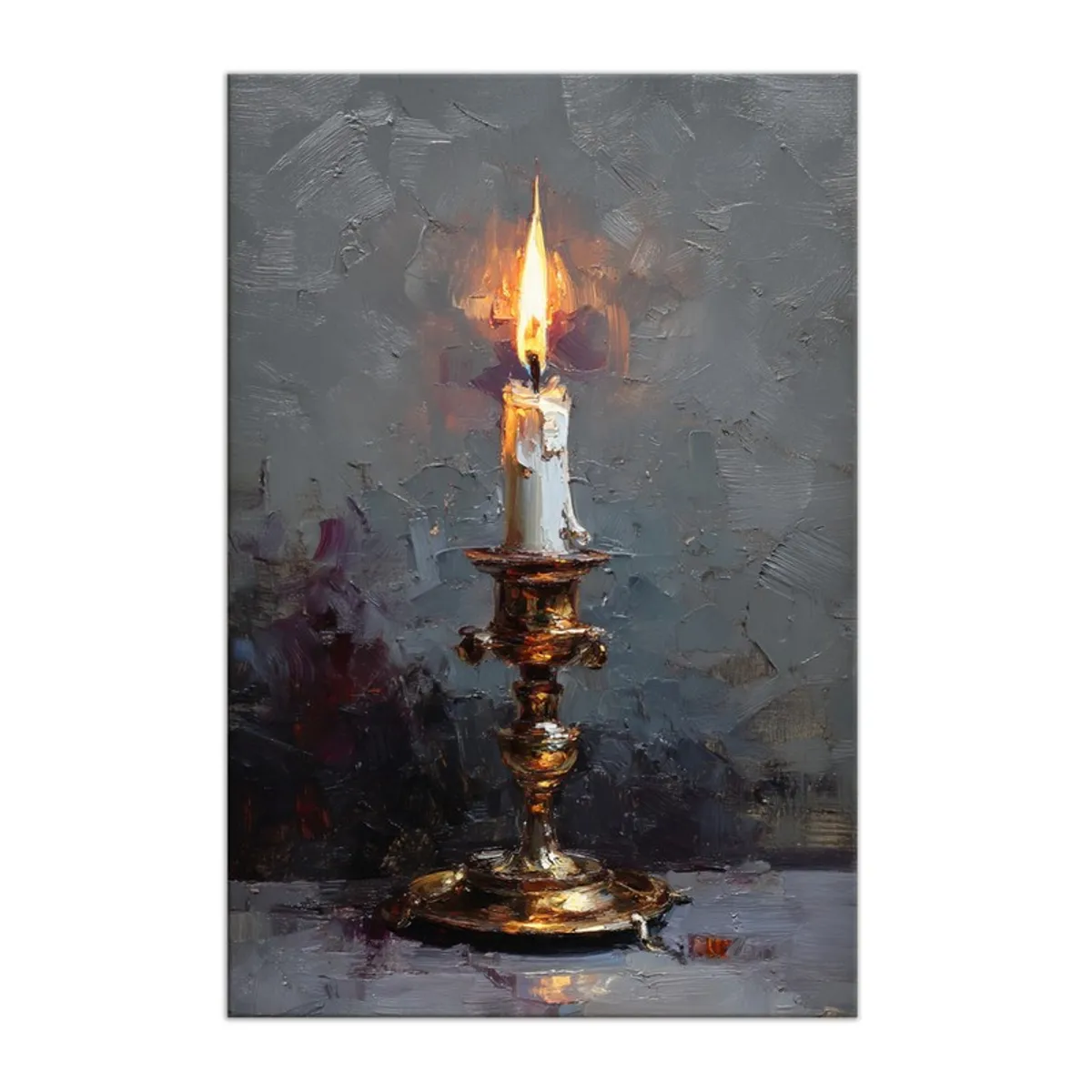 Rectangular canvas painting of a lit candlestick against a moody grey backdrop