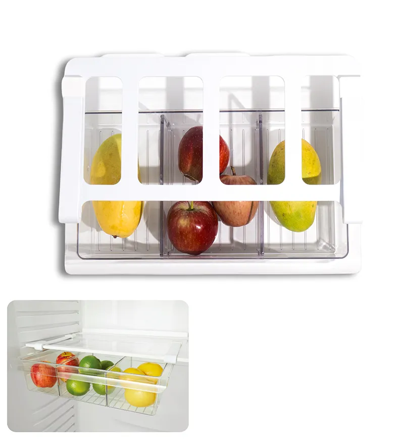 Top view of a clear fridge organiser separated into sections with fresh fruit