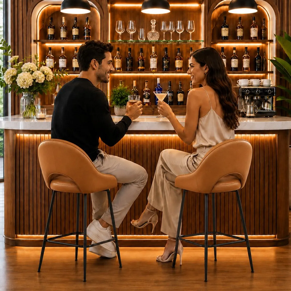 Two orange bar chairs placed at a backlit home bar