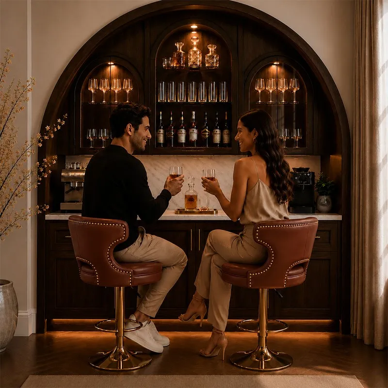 Two maroon swivel bar stools placed at a dark home bar.