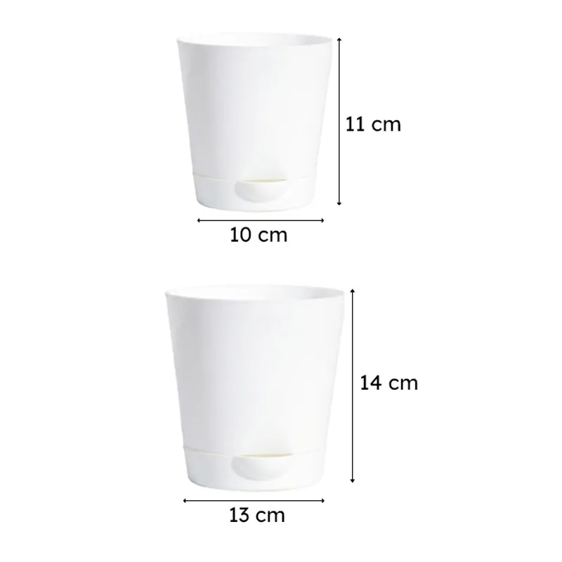 Two white planter sizes shown with measurement markings