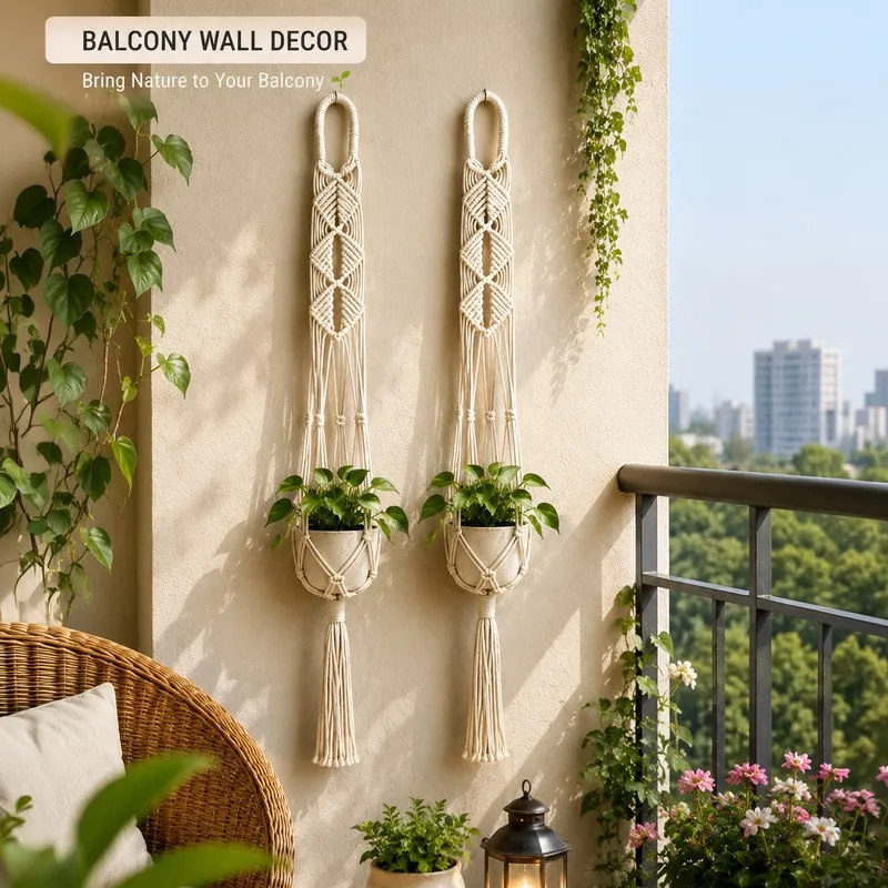 Two macrame plant hangers styled on a balcony wall with potted plants