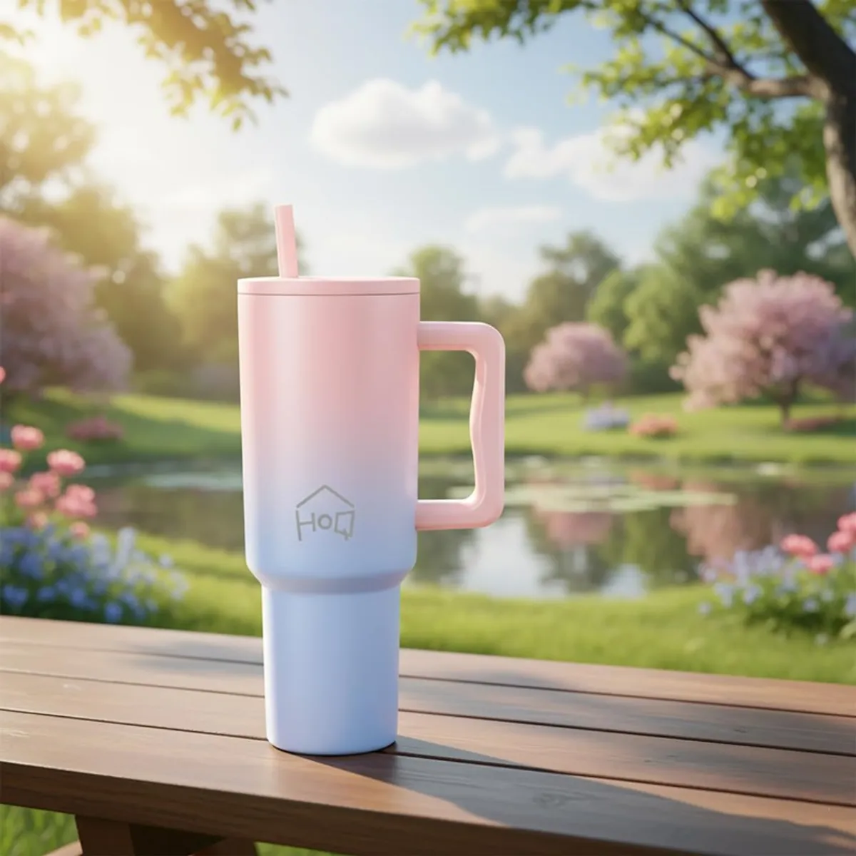 Pink and blue gradient tumbler with handle and straw outdoors
