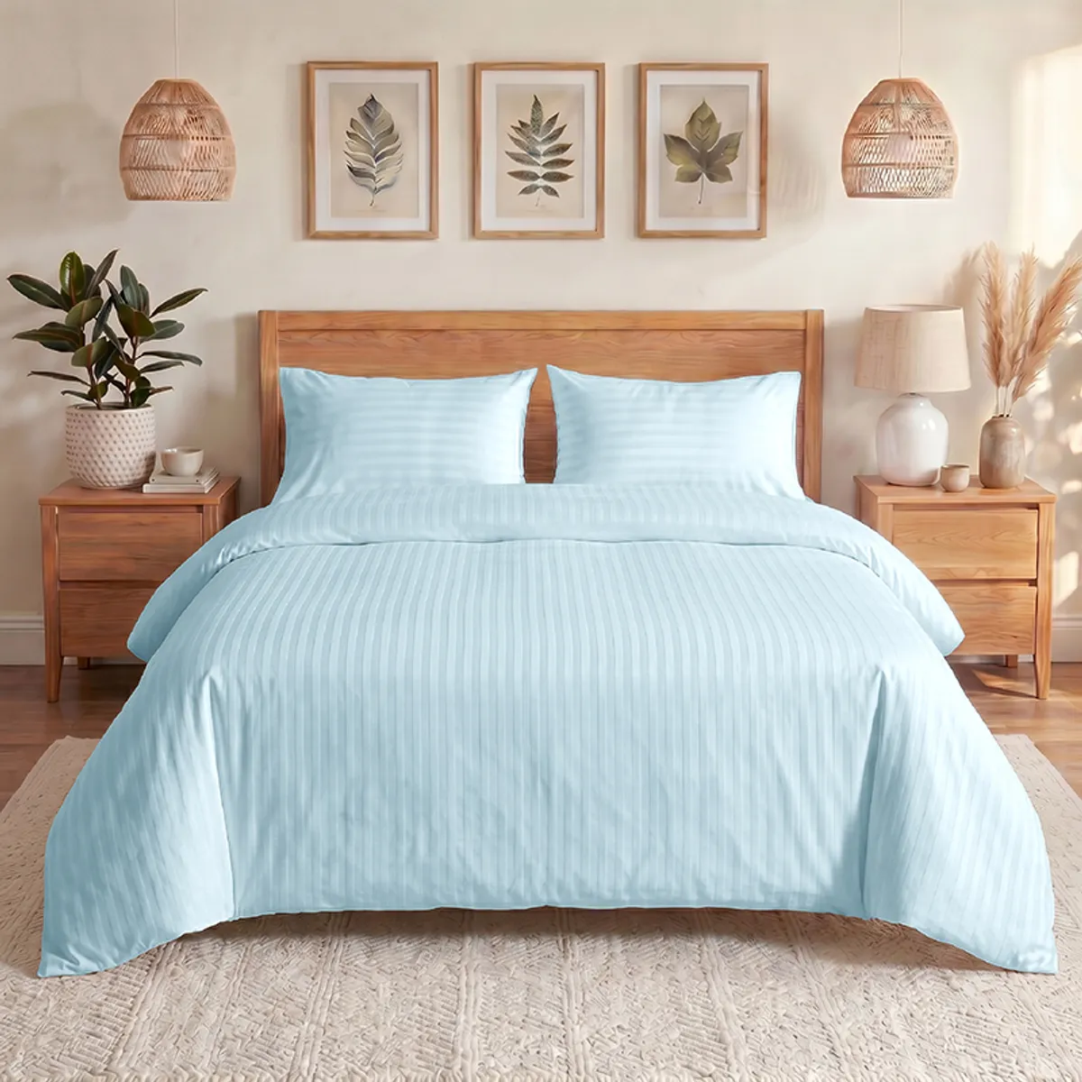 Pale blue striped duvet cover styled on a wooden bed in a bright bedroom