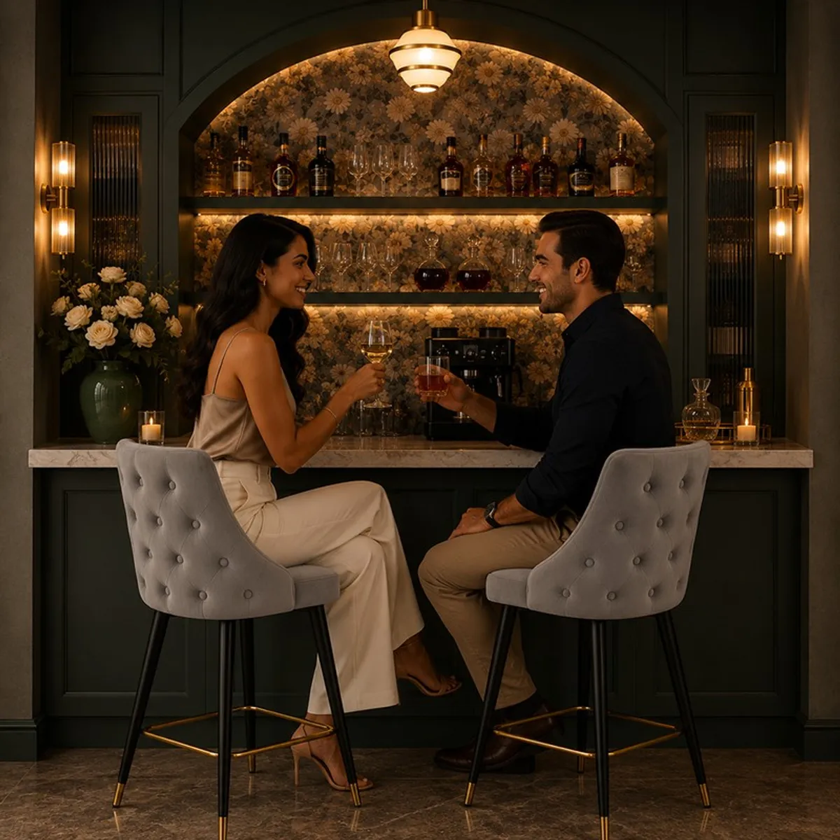 Two grey tufted bar chairs placed at a home bar counter