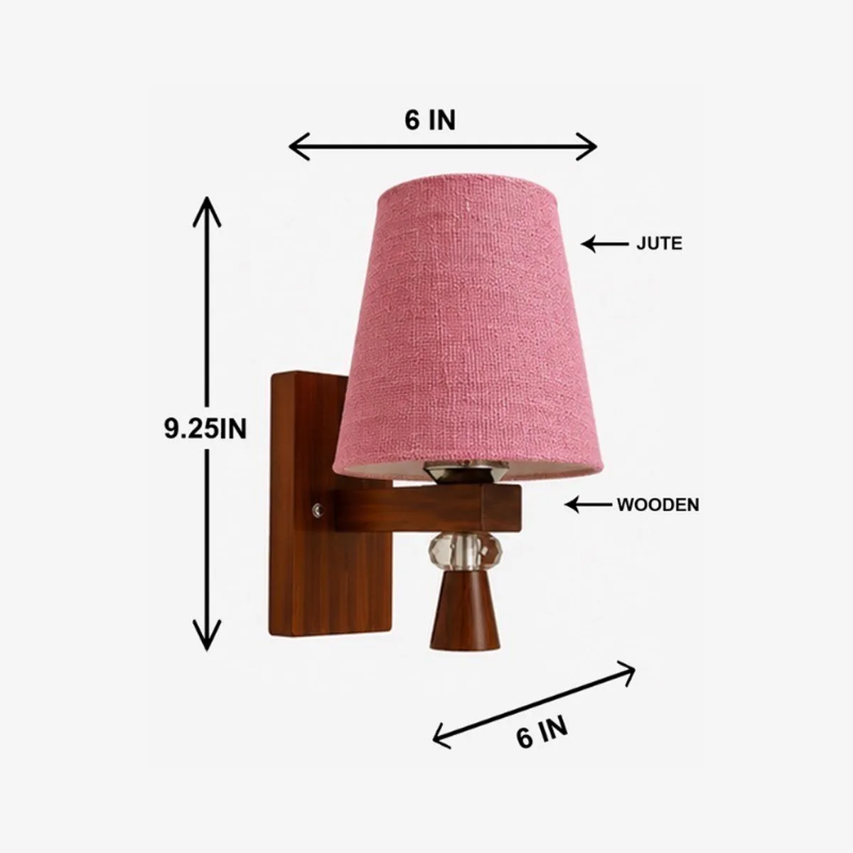 Pink and brown wall lamp shown with visible dimension arrows