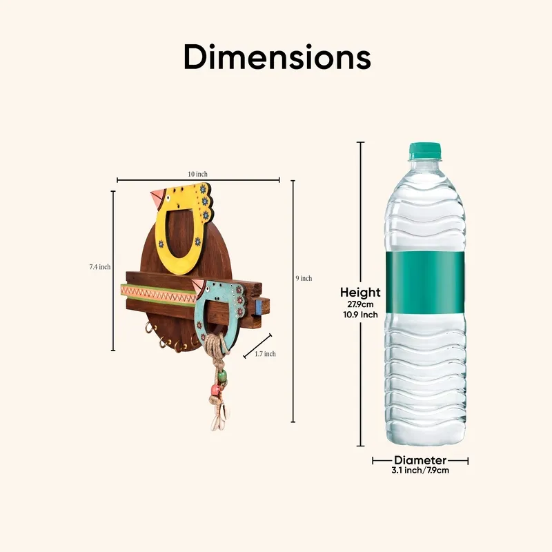 Wooden bird key holder shown with its overall dimensions