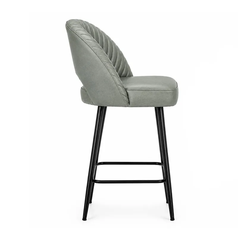 Side view of a light grey bar chair with ribbed back and black legs