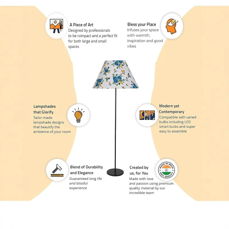 Infographic showing a blue floral shade floor lamp with illustrated feature callouts