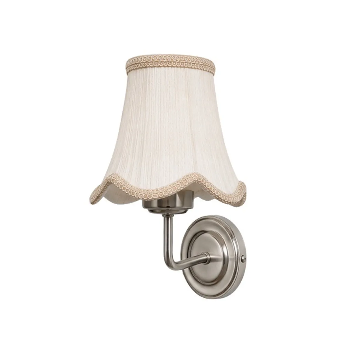 Close view of the white cotton shade and polished steel wall lamp base