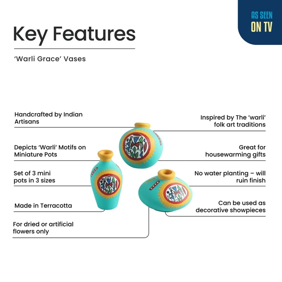 Decorative graphic showing three Warli Grace vases and printed feature text