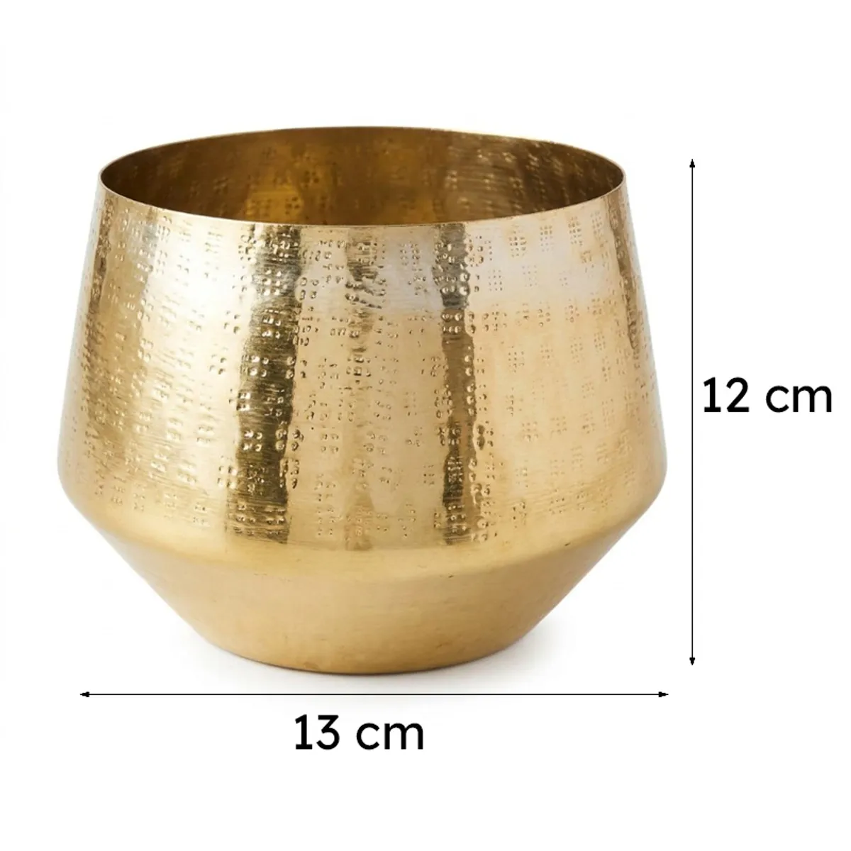 Gold metal pot with rounded tapered shape