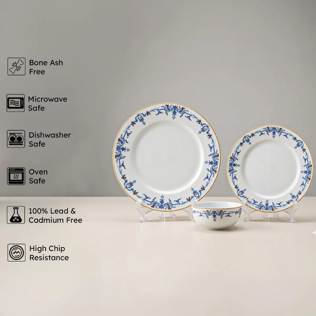 Blue and white porcelain plates and bowl with feature icons beside them