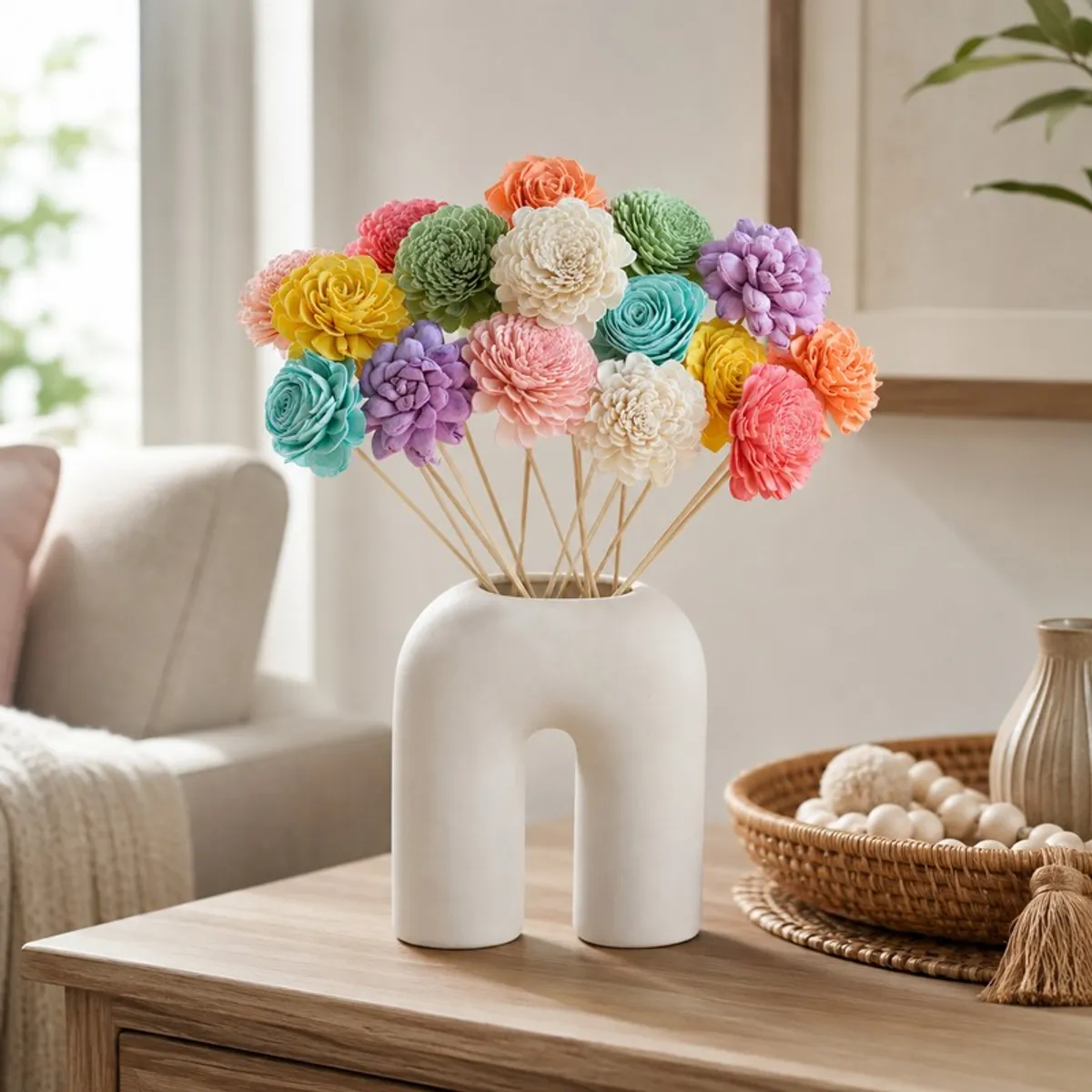 Colourful sola wood flower sticks arranged in a white tabletop vase