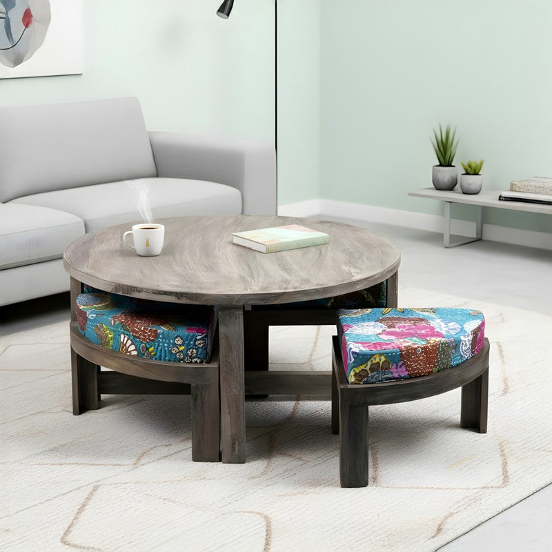 Jervon Sheesham Wooden Center Table with Stools and Cushions (Grey,Green) - Nine Piece Set