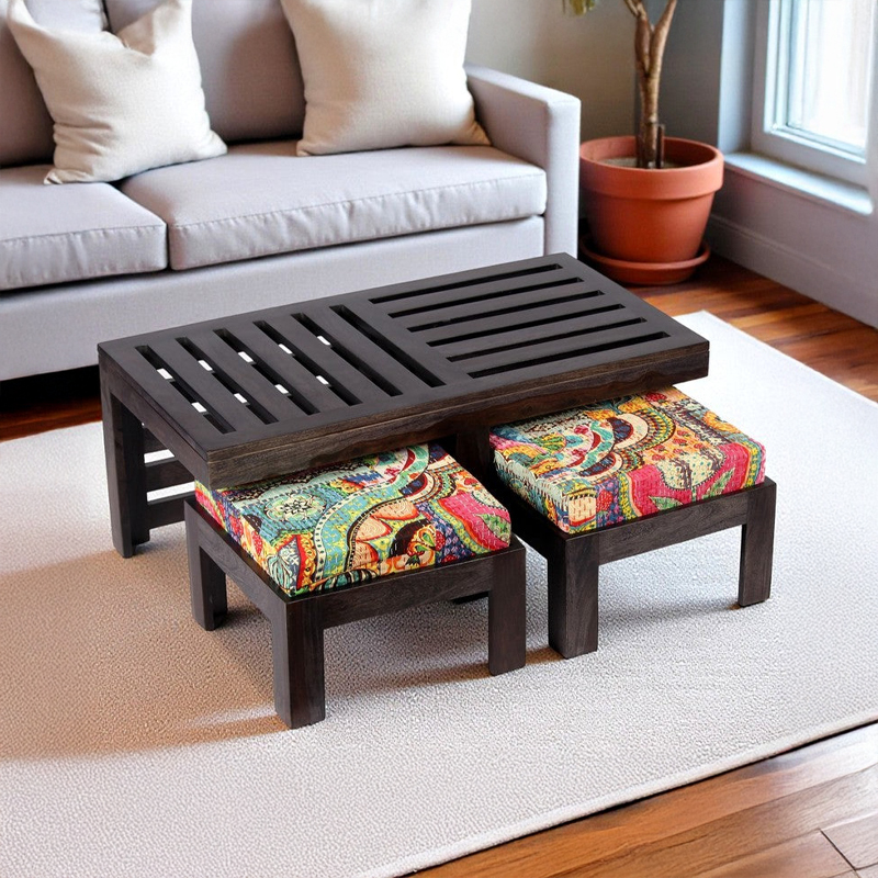 Zavro Sheesham Wooden Center Table with Stools (Deep Brown,Multicolor) - Five Piece Set