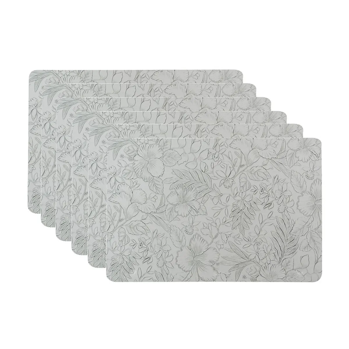 Set of six grey rectangular table mats with floral pattern