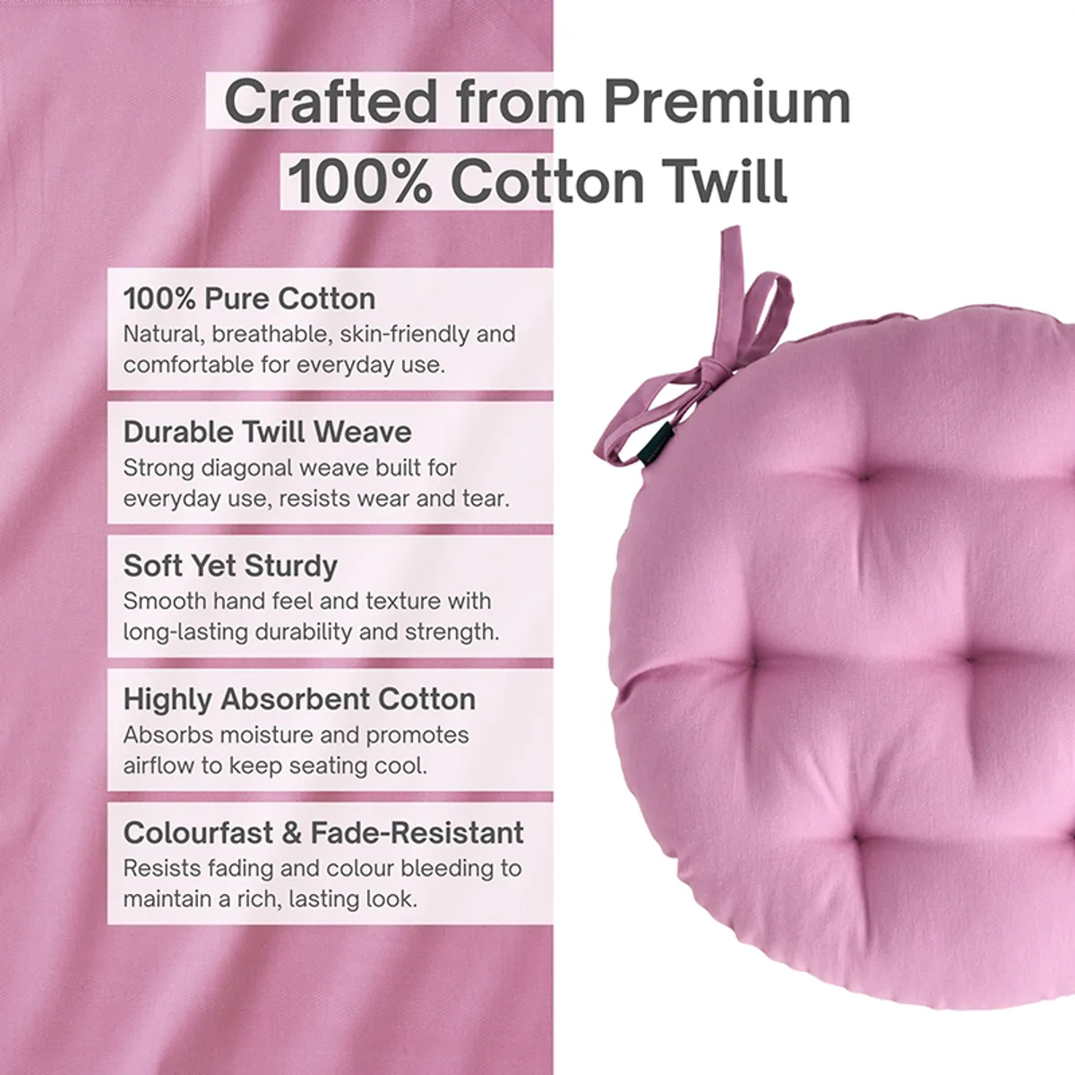 Close view of a round lilac chair pad with tufted detailing and tie-ups